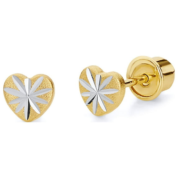 Wellingsale 14K Yellow Gold Polished Diamond Cut Heart Stud Earrings With Screw Back