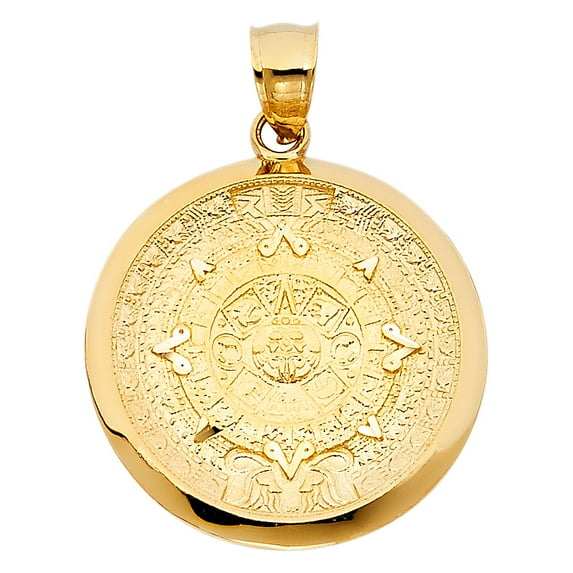 Wellingsale 14K Yellow Gold Polished Diamond Cut Ornate Aztec Calendar Azteca Pendant