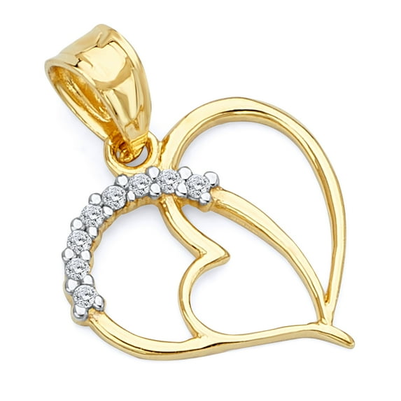 Wellingsale 14K Yellow Gold Polished Ornate Heart Charm Pendant with CZ Accent