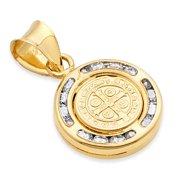 Wellingsale 14K Yellow Gold Polished Religious Double Sided St. Benedict Medallion Charm Pendant with CZ Accents