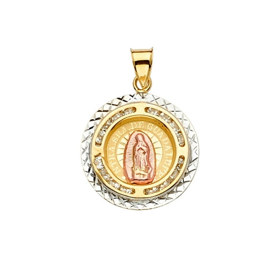 Wellingsale 14k 3 Tri Color White Yellow and Rose Gold CZ Cubic Zirconia Guadalupe Medal Pendant (Size : 25 x 18 mm)