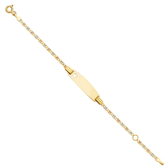 Wellingsale 14k Tri 3 Color Gold Polished 2.5mm Heart ID Valentino Bracelet with Spring Ring Clasp - 5+1"