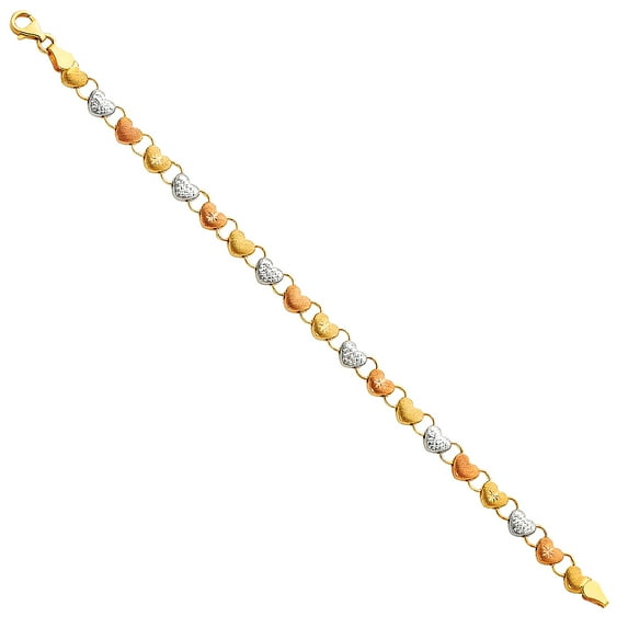 Wellingsale 14k Tri 3 Color Gold Polished Diamond Cut Stampato Heart Bracelet with Lobster Claw Clasp - 7.25"