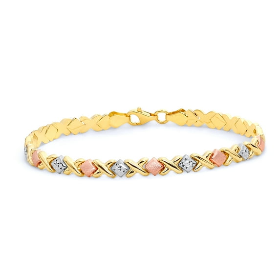 Wellingsale 14k Tri 3 Color Gold Polished Diamond Cut Stampato XOXO Bracelet with Lobster Claw Clasp - 7.25"