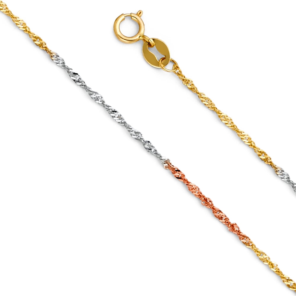 Wellingsale 14k Tri 3 Color Gold Polished Solid 1.2mm Singapore Chain Necklace with Spring Ring Clasp - 16"