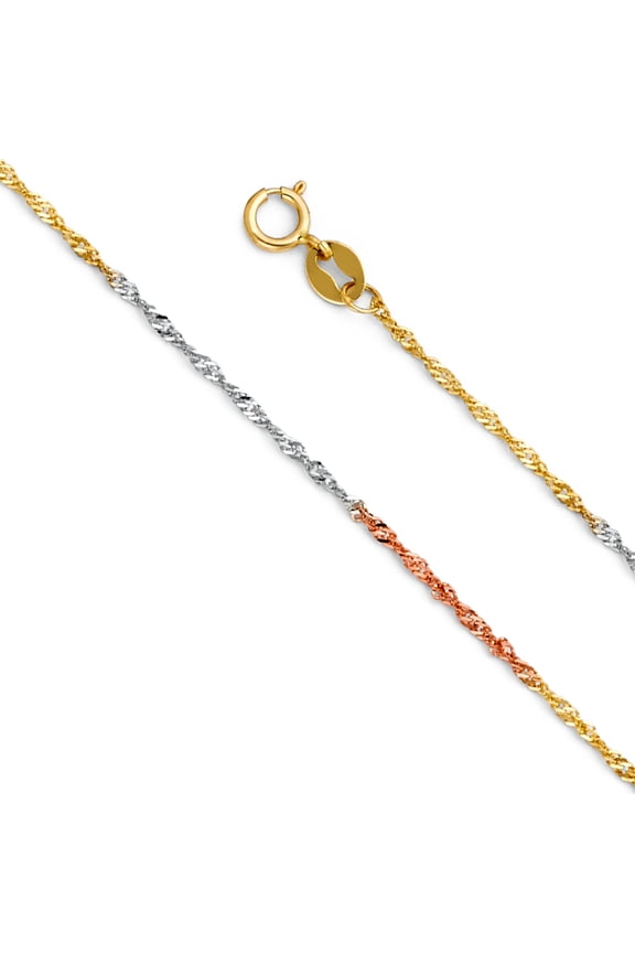 14k Tri 3 Color Gold Polished Solid 1.2mm Singapore Chain Necklace with Spring Ring Clasp - 24"