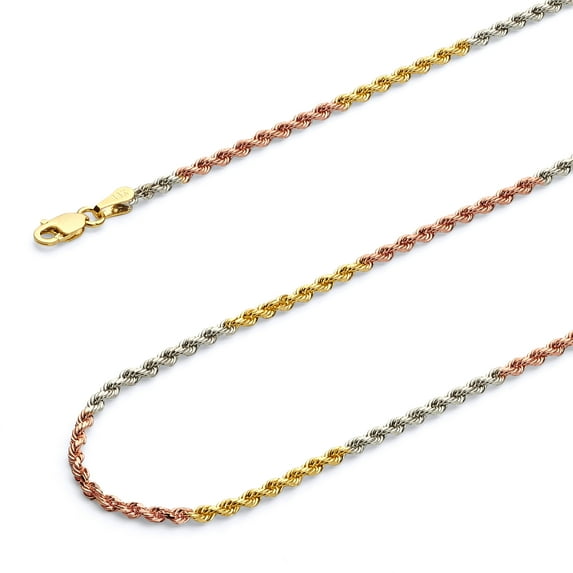 Wellingsale 14k Tri 3 Color Gold Polished Solid 1.5mm Solid Rope Diamond Cut Chain Necklace - 18"
