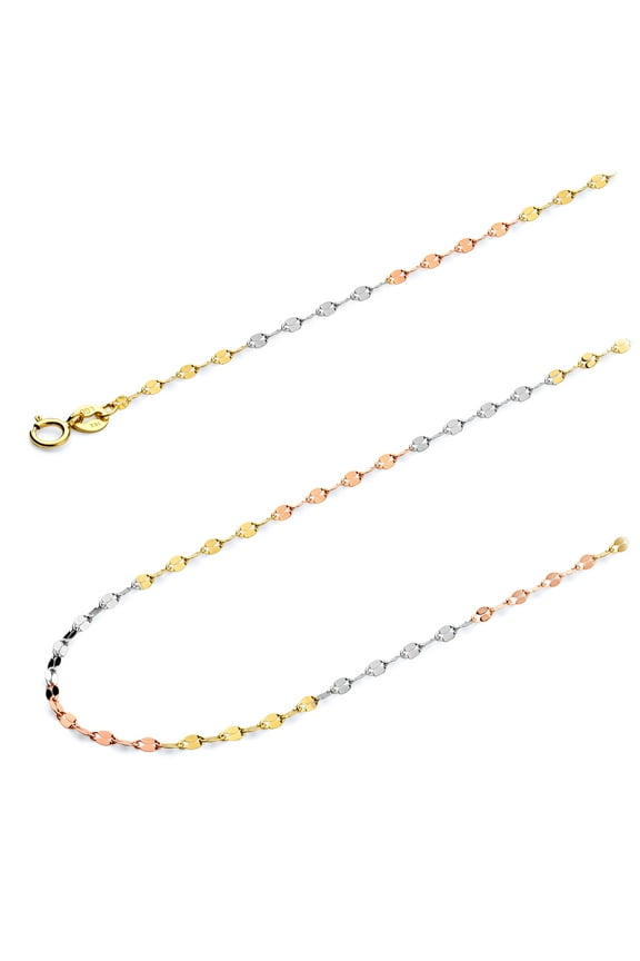 14k Tri 3 Color Gold Polished Solid 1.7mm Twisted Mirror Chain Necklace with Spring Ring Clasp - 16"