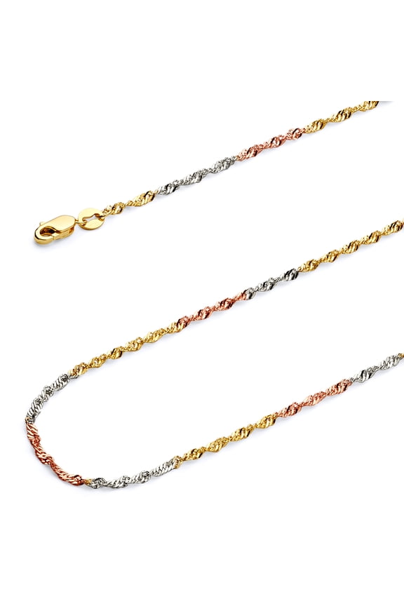 14k Tri 3 Color Gold Polished Solid 1.8mm Singapore Chain Necklace with Spring Ring Clasp - 22"