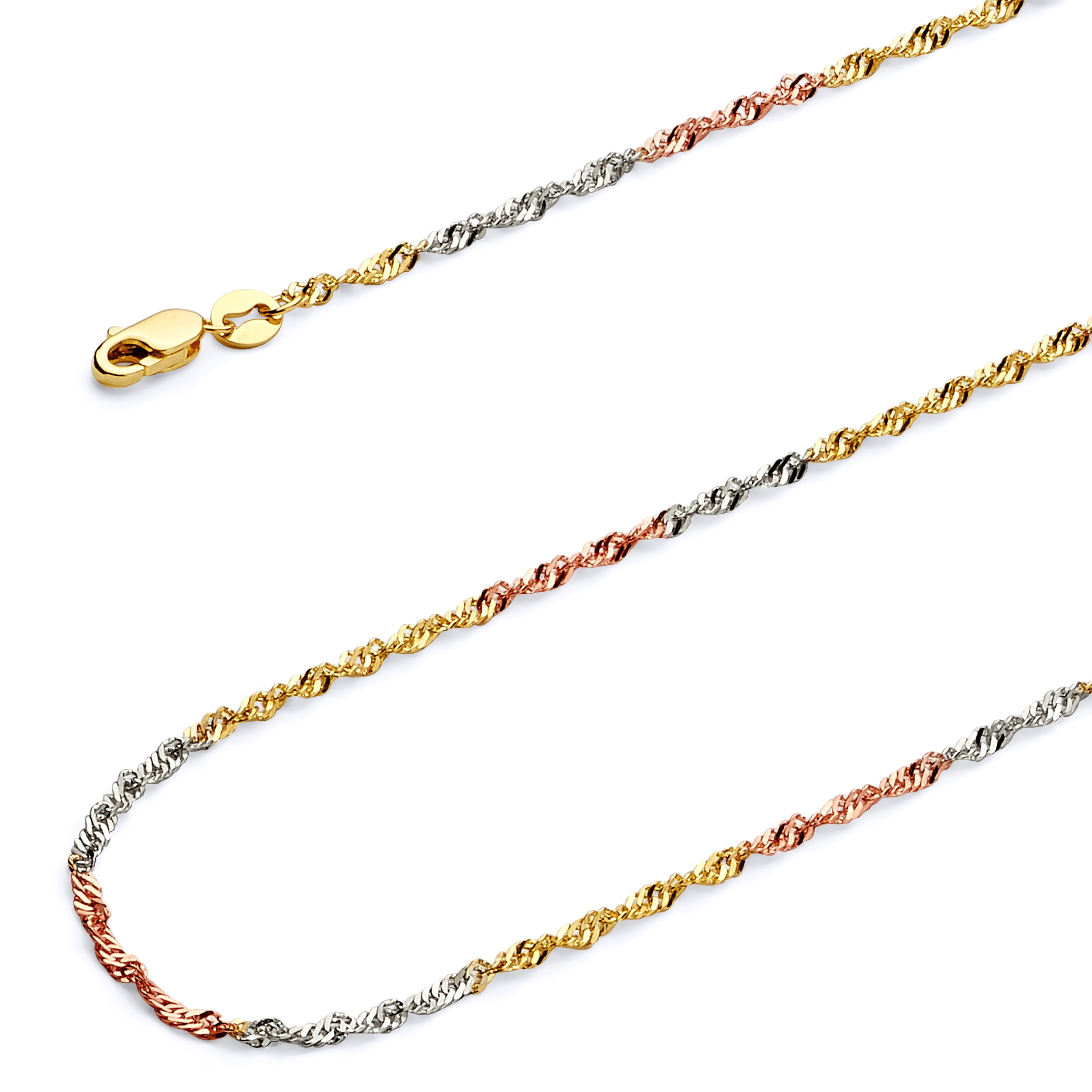 Wellingsale 14k Tri 3 Color Gold Polished Solid 1.8mm Singapore Chain Necklace with Spring Ring Clasp - 24"