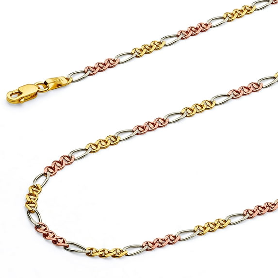 Wellingsale 14k Tri 3 Color Gold Polished Solid 2.5mm Ficonucci 3+1 Concave Chain Necklace - 18"