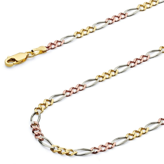 Wellingsale 14k Tri 3 Color Gold Polished Solid 2.5mm Figaro 3+1 Concave Chain Necklace - 20"