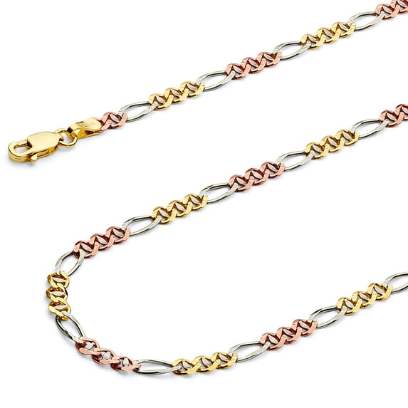 Wellingsale 14k Tri 3 Color Gold Polished Solid 3mm Ficonucci 3+1 Concave Chain Necklace - 18"