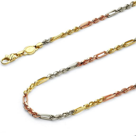 Wellingsale 14k Tri 3 Color Gold Polished Solid 3mm Figarope Chain Necklace - 22"