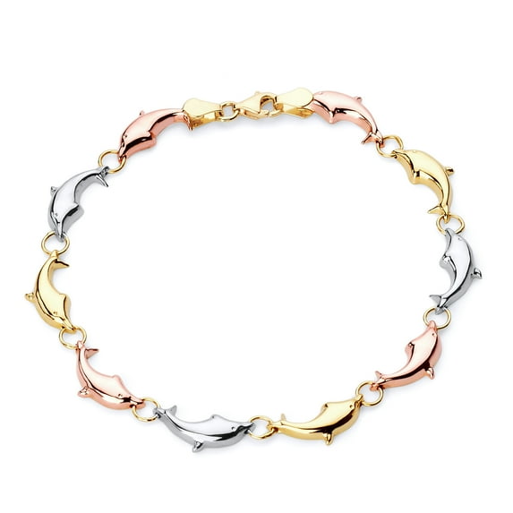 Wellingsale 14k Tri 3 Color Gold Polished Stampato Dolphin Bracelet with Lobster Claw Clasp - 7.25"