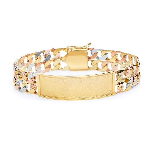 Wellingsale Men's Tri-Color Nugget Cuban 14K Gold Polished ID Bracelet w/ Gift Box, 28.3g, 8.5"