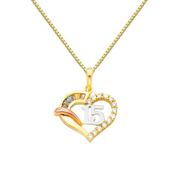 Wellingsale 14k Two 2 Tone Gold Polished 15 Años CZ Cubic Zirconia Charm Pendant with 0.8mm Box Link Chain Necklace - 16"