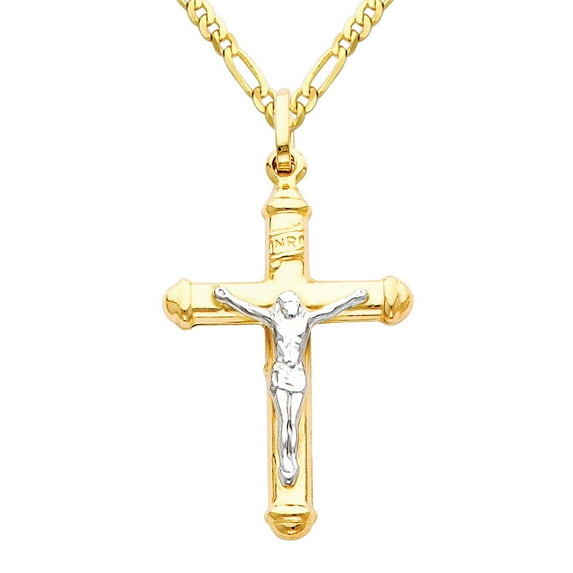 Wellingsale 14k Two 2 Tone Gold Polished Jesus Cross Religious Charm Pendant with 2mm Figaro Chain Necklace - 16"