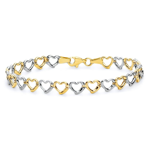 Wellingsale 14k Two 2 Tone White and Yellow Gold Polished Heart Bracelet with Lobster Claw Clasp - 7.5"
