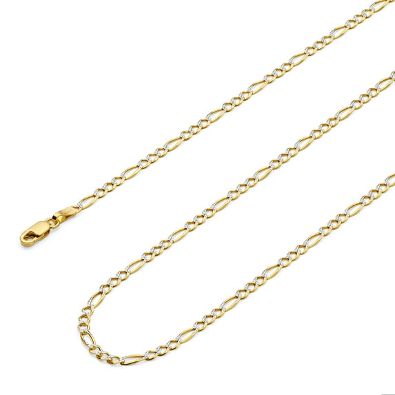 Wellingsale 14k Two Tone Yellow and White Gold Polished Solid 2.3mm Figaro White Pave Diamond Cut Chain Necklace with Lobster Claw Clasp - 20"