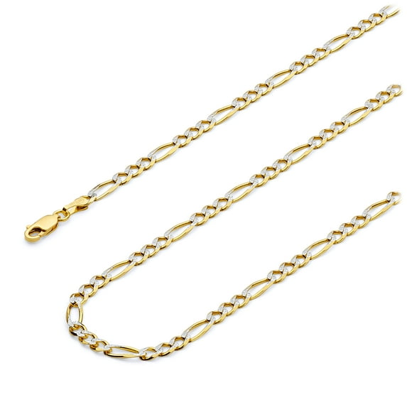 Wellingsale 14k Two Tone Yellow and White Gold Polished Solid 3.1mm Figaro White Pave Diamond Cut Chain Necklace with Lobster Claw Clasp - 18"