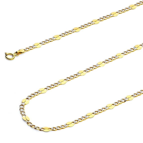 Wellingsale 14k Two Tone Yellow and White Gold Polished Solid 3.2mm Stamped Figaro White Pave Diamond Cut Chain Necklace with Spring Ring Clasp - 24"