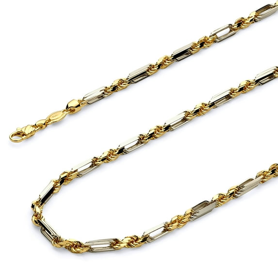 Wellingsale 14k Two Tone Yellow and White Gold Polished Solid 4mm Figarope Chain Bracelet - 8"