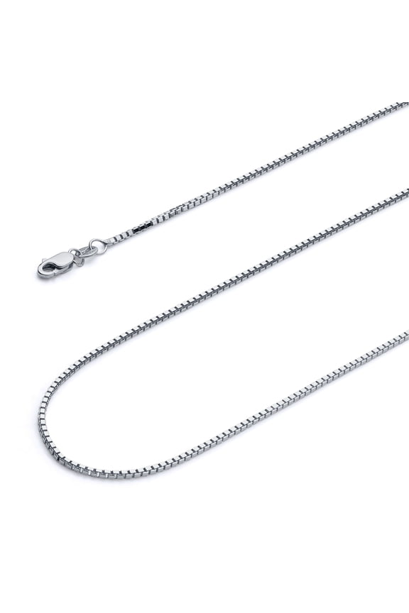 14k White Gold Polished Solid 1mm Box Link Chain Necklace with Lobster Claw Clasp - 20"