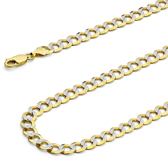 Wellingsale 14k Yellow Gold Polished 4.9mm Cuban Concaved Curb White Pave Diamond Cut HOLLOW Chain Necklace with Lobster Claw Clasp - 22"