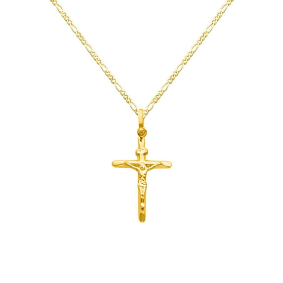 Wellingsale 14k Yellow Gold Polished Catholic Crucifix Cross Charm Pendant with 1.6mm Figaro Chain Necklace - 18"