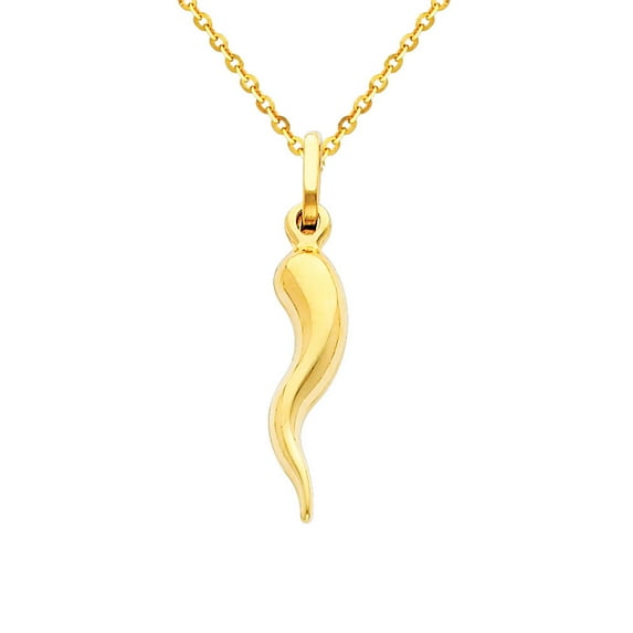 Wellingsale 14k Yellow Gold Polished Cornicello Italian Horn Charm Pendant with 1.2mm Side Diamond Cut Cable Chain Necklace - 16"