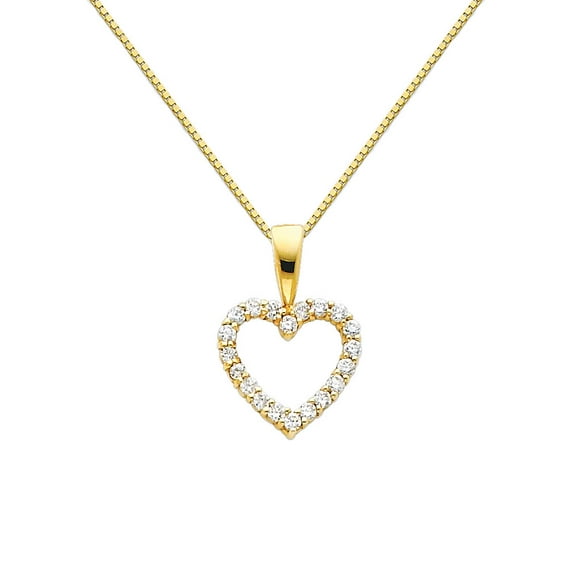 Wellingsale 14k Yellow Gold Polished Open Heart CZ Cubic Zirconia Charm Pendant with 0.7mm Box Link Chain Necklace - 22"
