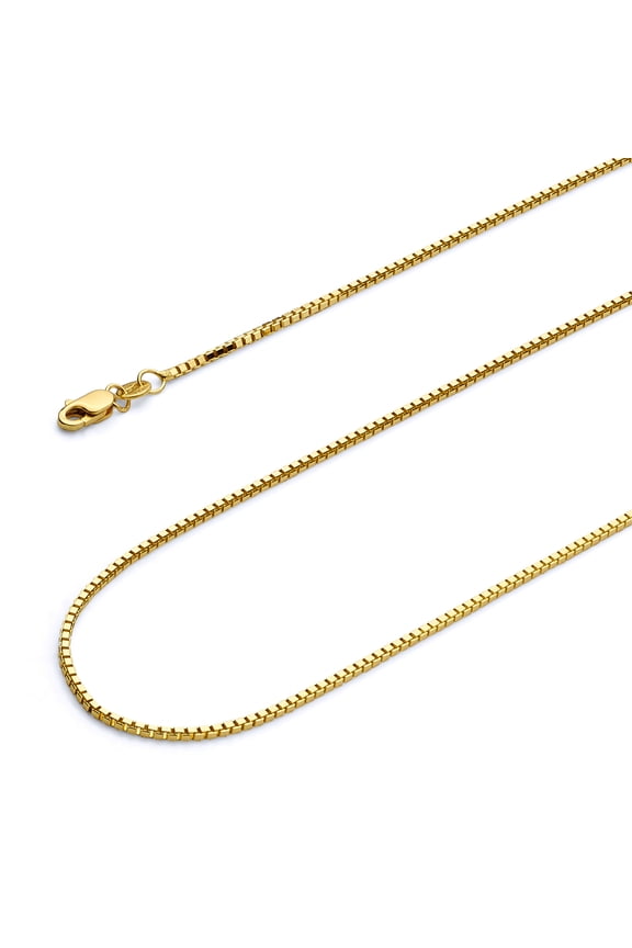 14k Yellow Gold Polished Solid 1mm Box Link Chain Necklace with Lobster Claw Clasp - 18"