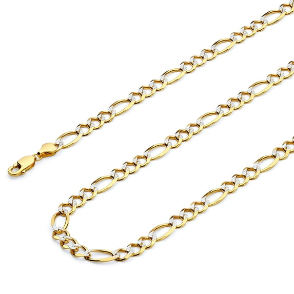 Wellingsale 14k Yellow Gold Polished Solid 4.5mm Figaro 3+1 Open White Pave Diamond Cut Chain Necklace - 22"