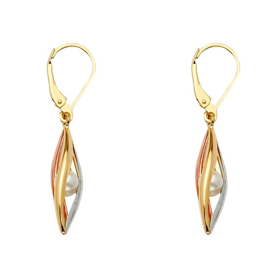Wellingsale Ladies 14k 3 Tri Color White Yellow and Rose Gold Polished Tear Drop Dangle Hanging Earrings with Freshwater Cultured Pearl (38 x 7 mm)