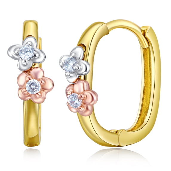 Wellingsale Ladies 14k Tri 3 Color Gold Polished 4mm Flower CZ Hoop Huggies Earrings (12 x 12 mm)