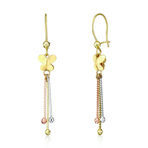 Wellingsale Ladies 14k Tri 3 Color Gold Polished Butterfly Dangle Hanging Drop Earrings (50 x 8 mm)