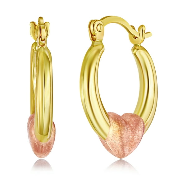 Wellingsale Ladies 14k Two Tone Rose and Yellow Gold Polished Satin Fancy Heart Drop Hoop Earrings (13mm Diameter)