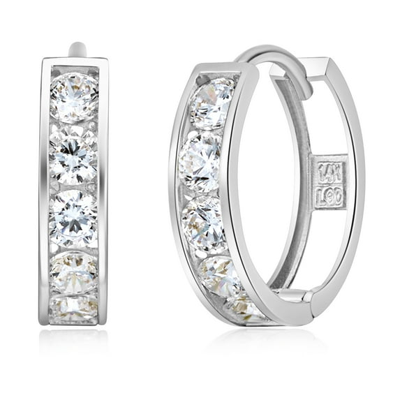 Wellingsale Ladies 14k White Gold Polished 4mm CZ Channel-set Hoop Huggies Earrings (15 x 15 mm)