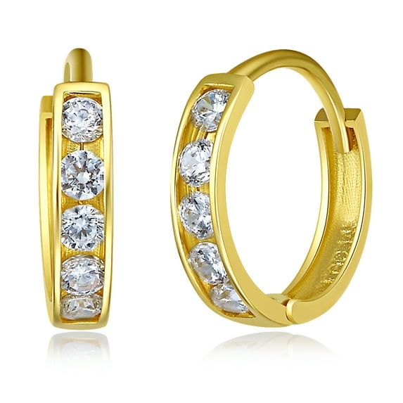 Wellingsale Ladies 14k Yellow Gold Polished 2mm CZ Channel-set Hoop Huggies Earrings (10 x 10 mm)