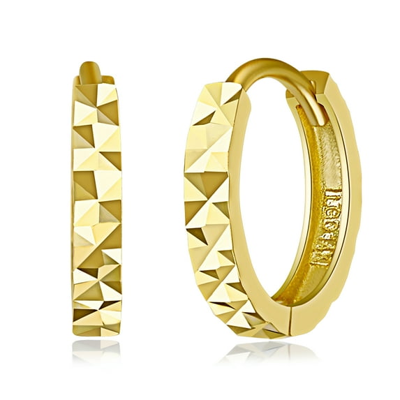 Wellingsale Ladies 14k Yellow Gold Polished 2mm Diamond Cut Faceted Huggies Earrings (11 x 11 mm)