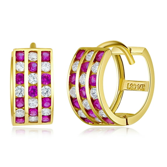 Wellingsale Ladies 14k Yellow Gold Polished 5mm 3 Line Red CZ Channel-set Hoop Huggies Earrings (11 x 11 mm)