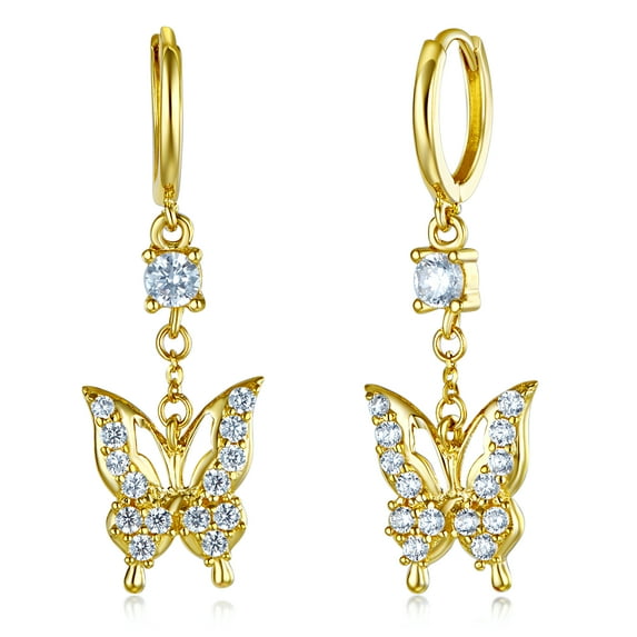 Wellingsale Ladies 14k Yellow Gold Polished Fancy Huggies Dangle Hanging Drop Butterfly Earrings (10 X 35mm)