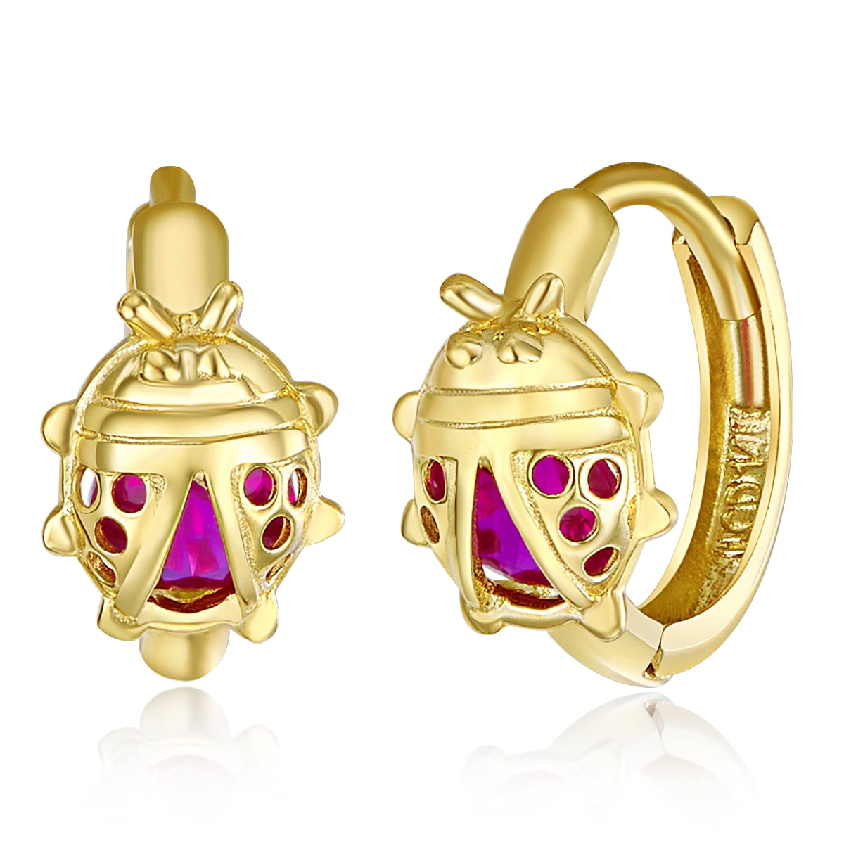 Wellingsale Ladies 14k Yellow Gold Polished Ladybug Huggies Hoop Earrings