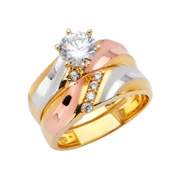 Wellingsale Ladies Solid 14k 3 Tri Color White Yellow and Rose / Pink Gold Polished CZ Cubic Zirconia Engagement Ring + Wedding Band Bridal Set - Size 4.5