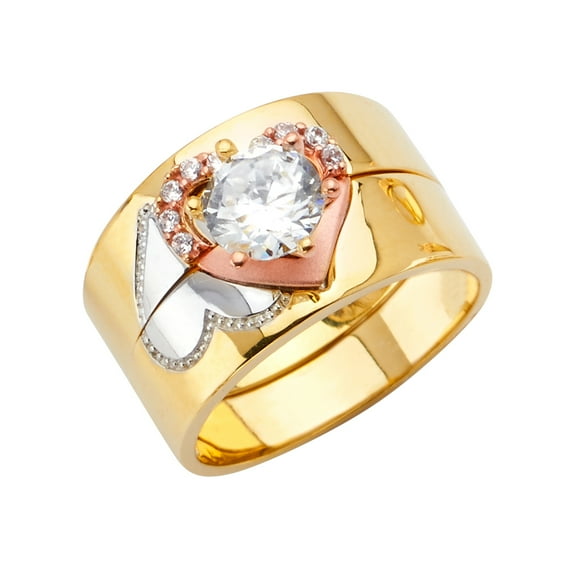 Wellingsale Ladies Solid 14k 3 Tri Color White Yellow and Rose / Pink Gold Polished CZ Cubic Zirconia Engagement Ring + Wedding Band Bridal Set - Size 5.5