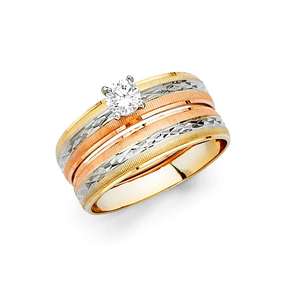 Wellingsale Ladies Solid 14k 3 Tri Color White Yellow and Rose / Pink Gold Polished Diamond Cut CZ Cubic Zirconia Engagement Ring + Wedding Band Bridal Set - Size 4.5