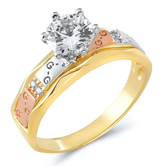 Wellingsale Ladies Solid 14k 3 Tri Color White Yellow and Rose / Pink Gold Polished Diamond Cut CZ Cubic Zirconia Engagement Ring - Size 8