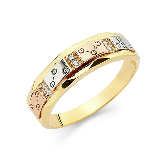 Wellingsale Ladies Solid 14k 3 Tri Color White Yellow and Rose / Pink Gold Polished Diamond Cut CZ Cubic Zirconia Wedding Ring Band - Size 6