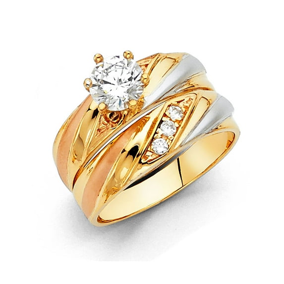 Wellingsale Ladies Solid 14k Tri 3 Color Gold Polished CZ Cubic Zirconia Round Cut Engagement Ring and Four 4 Stone Wedding Band Bridal Set - Size 4